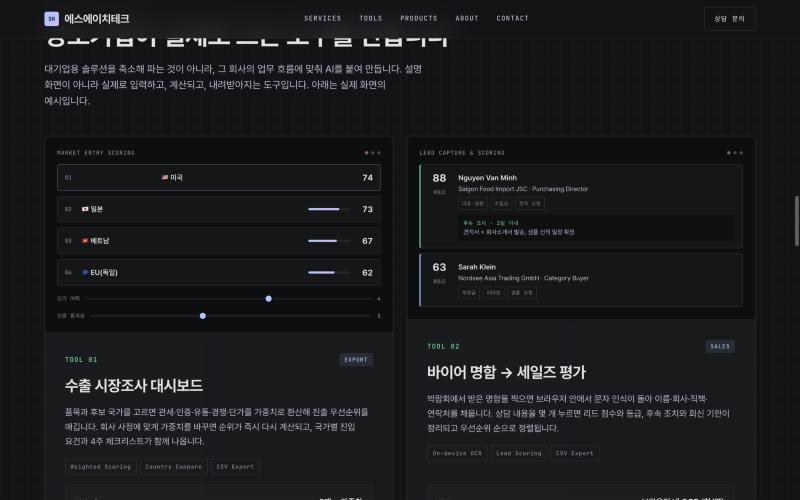 수출 시장조사 대시보드와 바이어 명함 평가 도구 화면